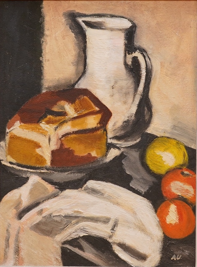 Impressionist, oil on board, Still life of fruit and vessels, initialled A.U, 59 x 42cm